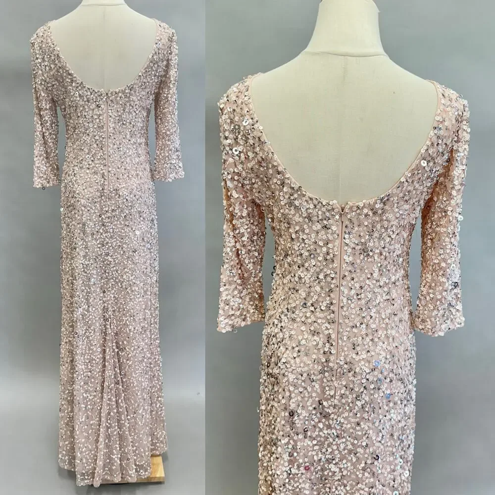 Adrianna Papell 3/4 Sleeve Scoop Back Champagne Sequin‎ Maxi Gown Size 4